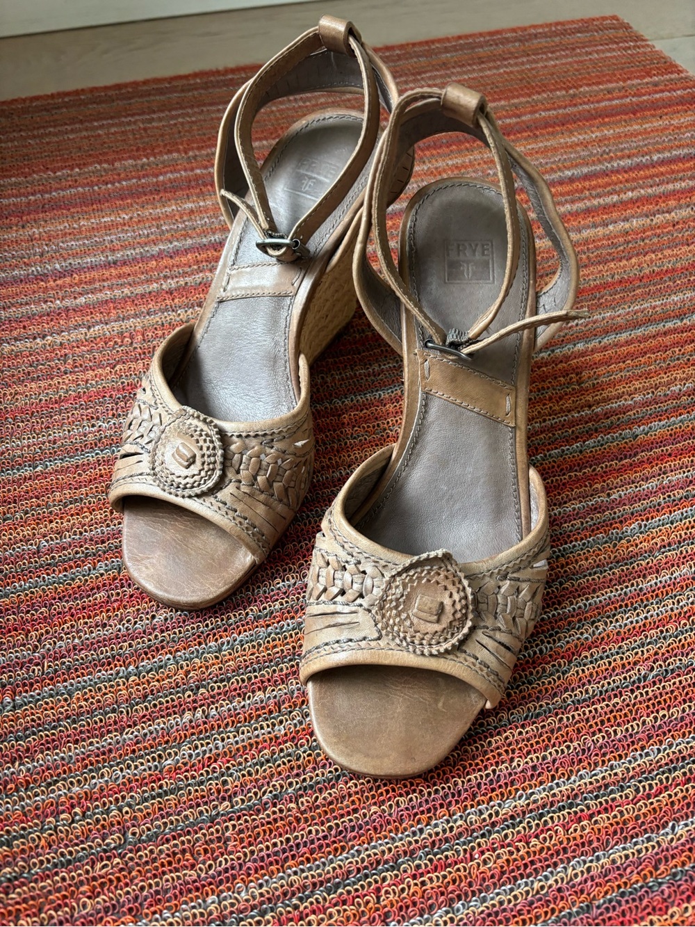 Frye Woven Leather Ankle-Strap Wedge Sandals - Brown. Womens size 7.5.